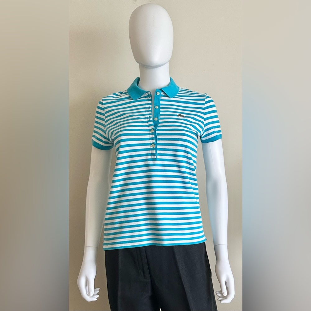 Lacoste Women’s Size 36 Turquoise and White Striped Polo Tee